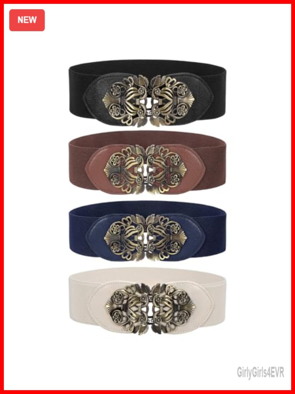 Vintage Wide Stretch Belt 4 Pack for Dresses with Antique Brass Buckle